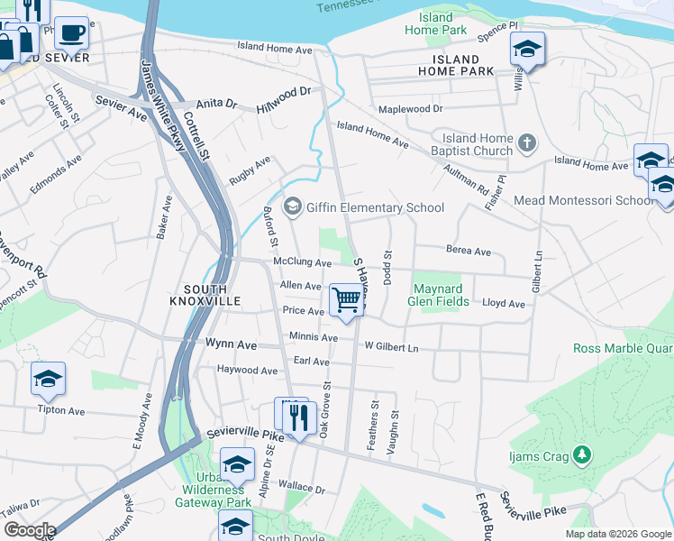 map of restaurants, bars, coffee shops, grocery stores, and more near 1809 McClung Avenue in Knoxville