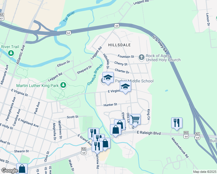 map of restaurants, bars, coffee shops, grocery stores, and more near 1500 East Virginia Street in Rocky Mount