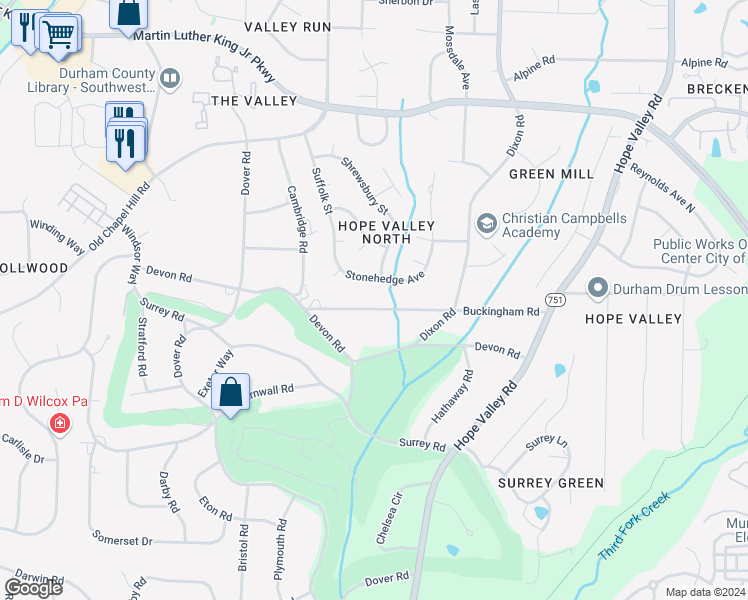 map of restaurants, bars, coffee shops, grocery stores, and more near 3106 Buckingham Road in Durham