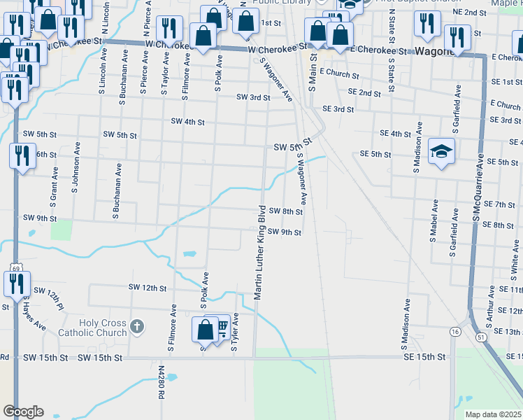 map of restaurants, bars, coffee shops, grocery stores, and more near 902 Martin Luther King Boulevard in Wagoner