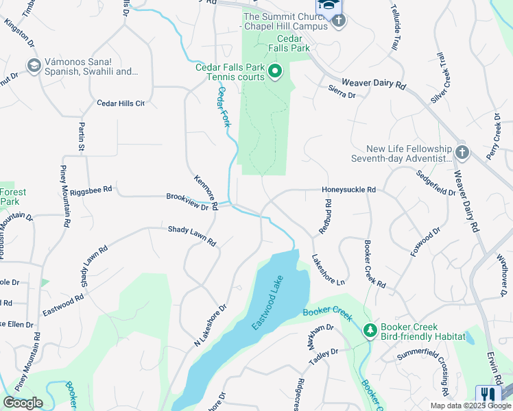map of restaurants, bars, coffee shops, grocery stores, and more near 600 Brookview Drive in Chapel Hill