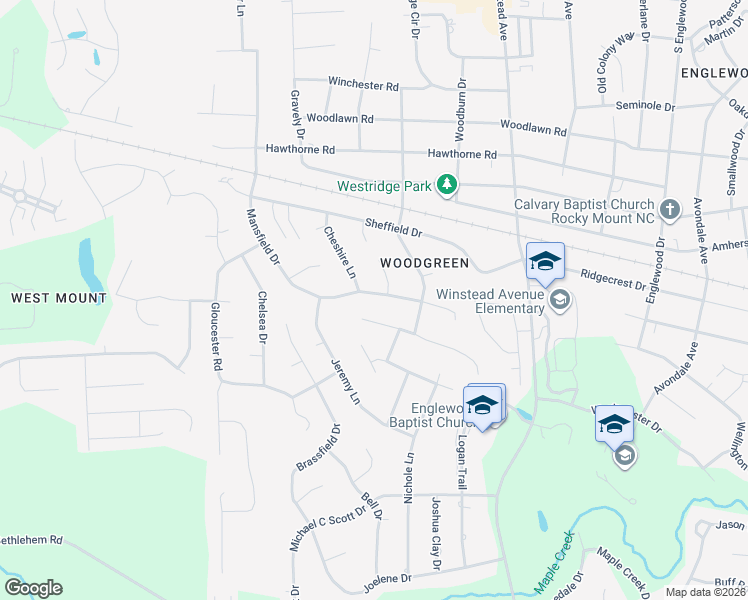 map of restaurants, bars, coffee shops, grocery stores, and more near 3517 Mansfield Drive in Rocky Mount