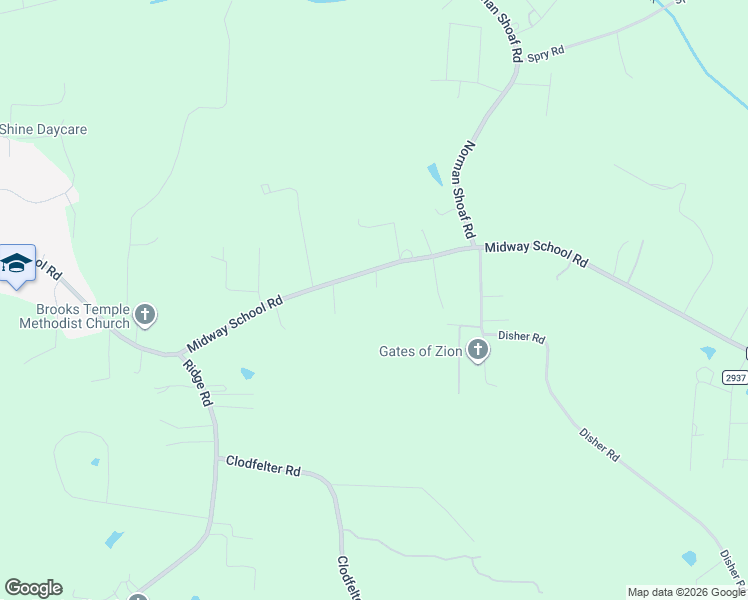 map of restaurants, bars, coffee shops, grocery stores, and more near 1216 Midway School Road in Winston-Salem