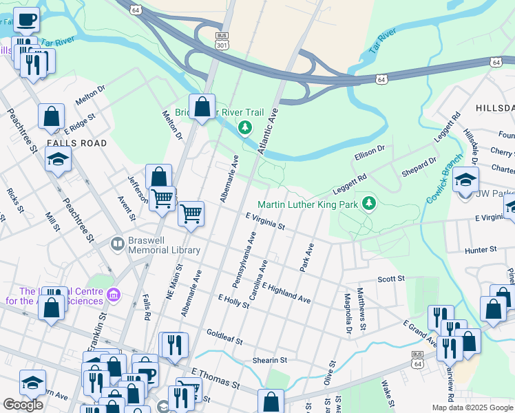 map of restaurants, bars, coffee shops, grocery stores, and more near 712 Pennsylvania Avenue in Rocky Mount