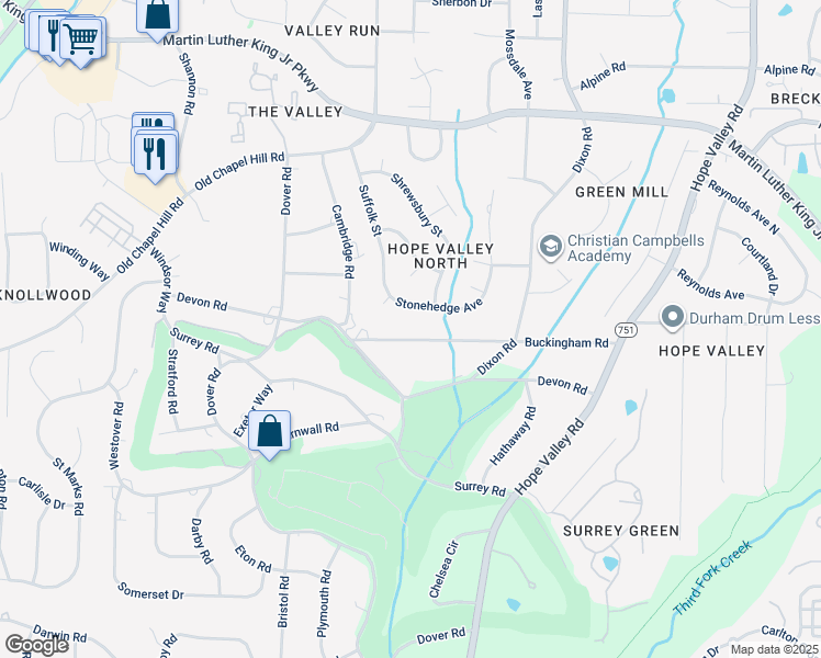 map of restaurants, bars, coffee shops, grocery stores, and more near 3114 Buckingham Road in Durham