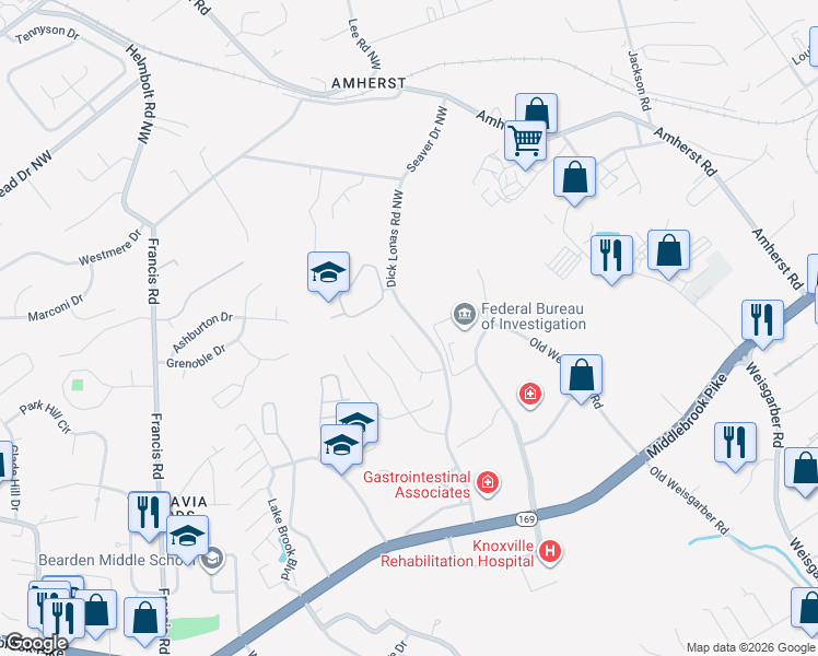 map of restaurants, bars, coffee shops, grocery stores, and more near 1509 Dick Lonas Road Northwest in Knoxville