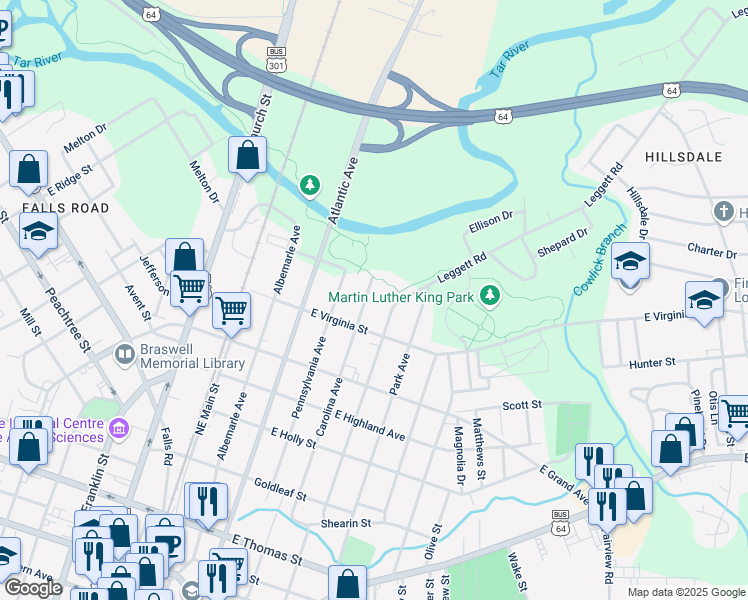 map of restaurants, bars, coffee shops, grocery stores, and more near 731 Carolina Avenue in Rocky Mount