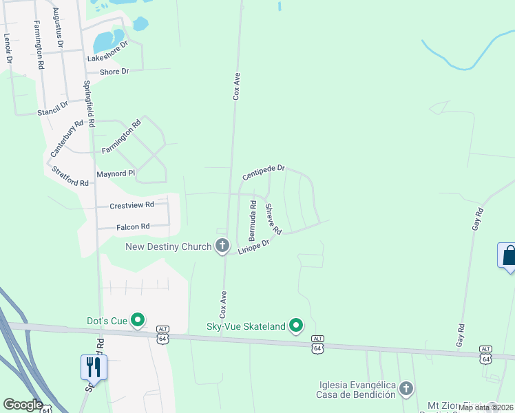 map of restaurants, bars, coffee shops, grocery stores, and more near 2405 Shreve Rd in Rocky Mt