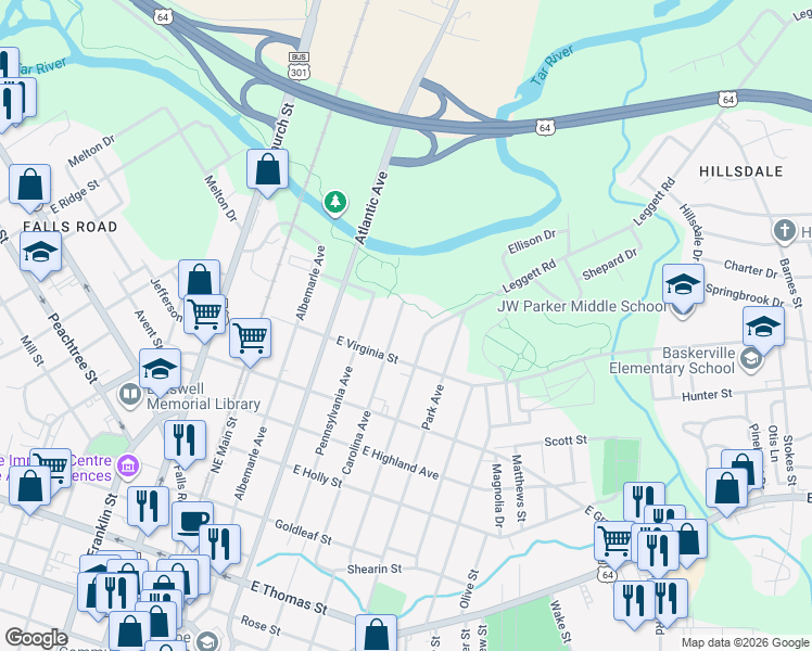 map of restaurants, bars, coffee shops, grocery stores, and more near 731 Carolina Avenue in Rocky Mount