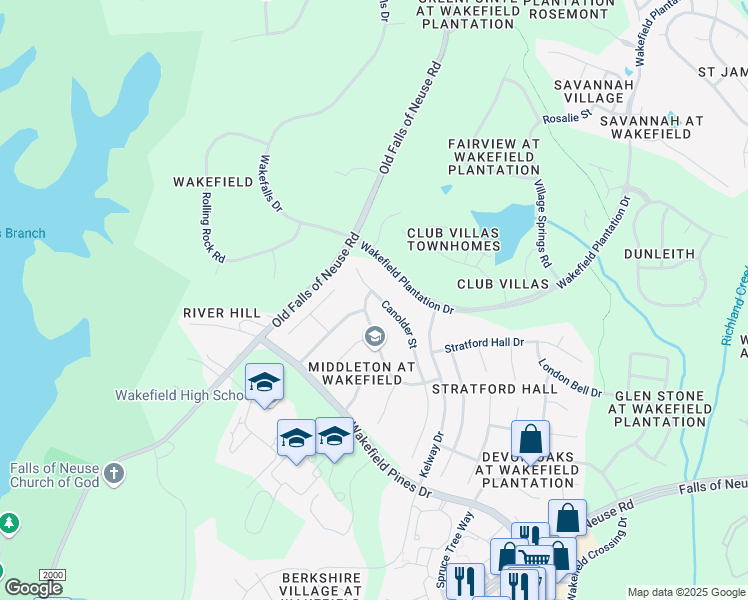 map of restaurants, bars, coffee shops, grocery stores, and more near 12501 Canolder Street in Raleigh