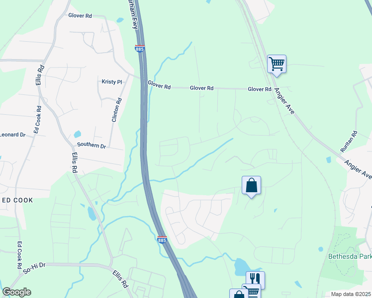 map of restaurants, bars, coffee shops, grocery stores, and more near 3718 Esther Drive in Durham