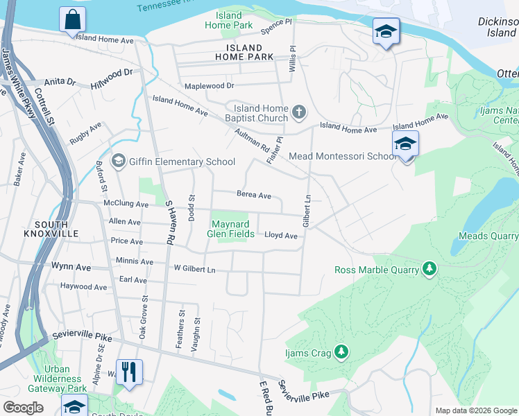 map of restaurants, bars, coffee shops, grocery stores, and more near 2140 Berea Avenue in Knoxville