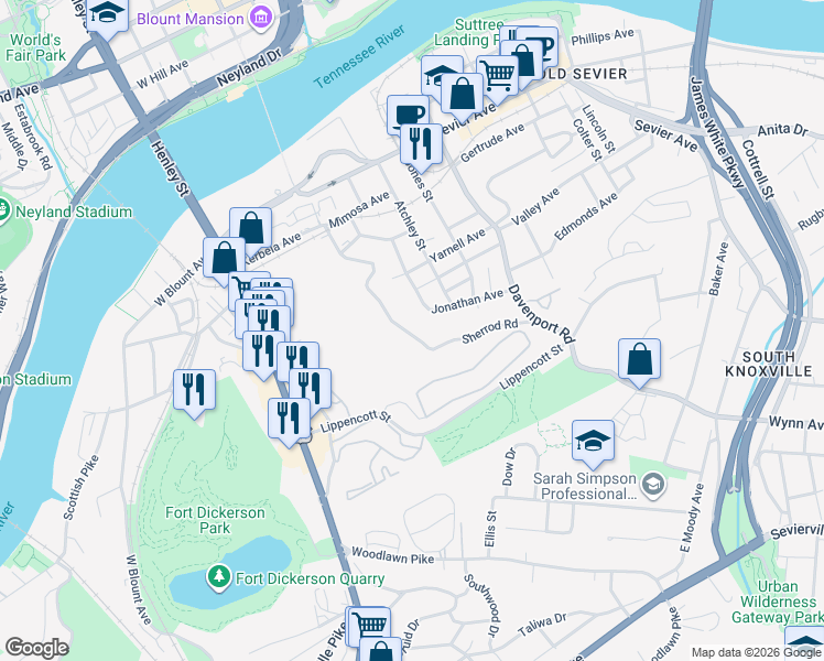 map of restaurants, bars, coffee shops, grocery stores, and more near 2604 Sherrod Road Southeast in Knoxville