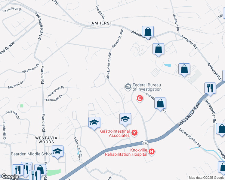 map of restaurants, bars, coffee shops, grocery stores, and more near 1509 Dick Lonas Road Northwest in Knoxville