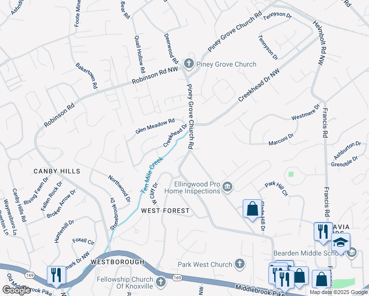 map of restaurants, bars, coffee shops, grocery stores, and more near 1909 Piney Grove Church Road in Knoxville
