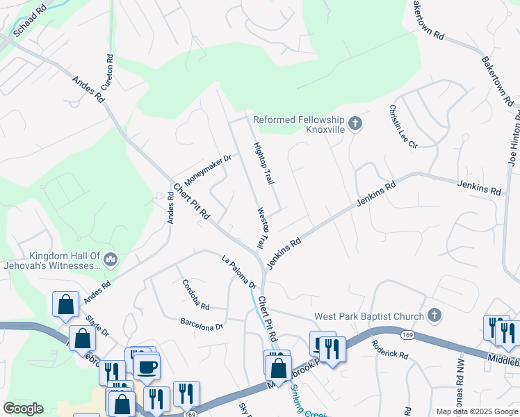 map of restaurants, bars, coffee shops, grocery stores, and more near 1513 Westop Trail in Knoxville