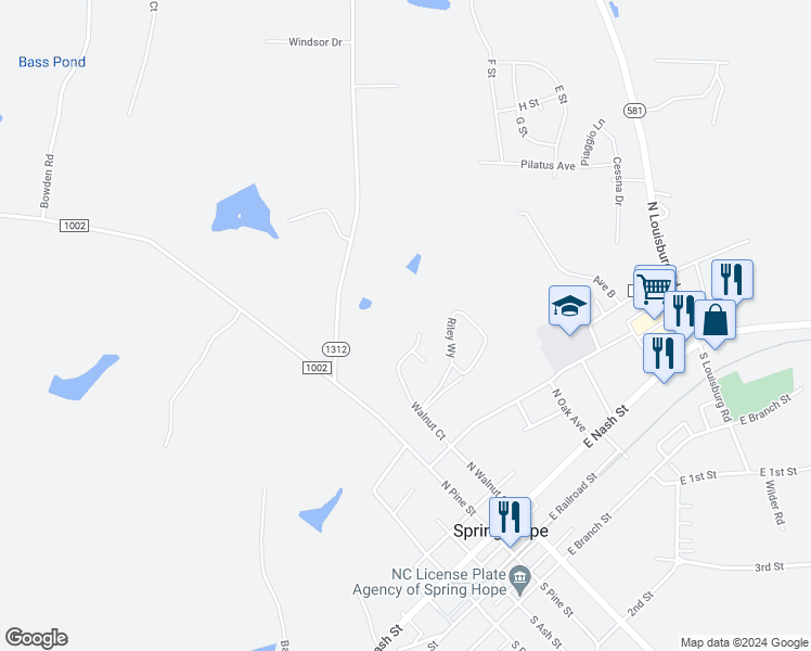 map of restaurants, bars, coffee shops, grocery stores, and more near 605 Walnut Court in Spring Hope