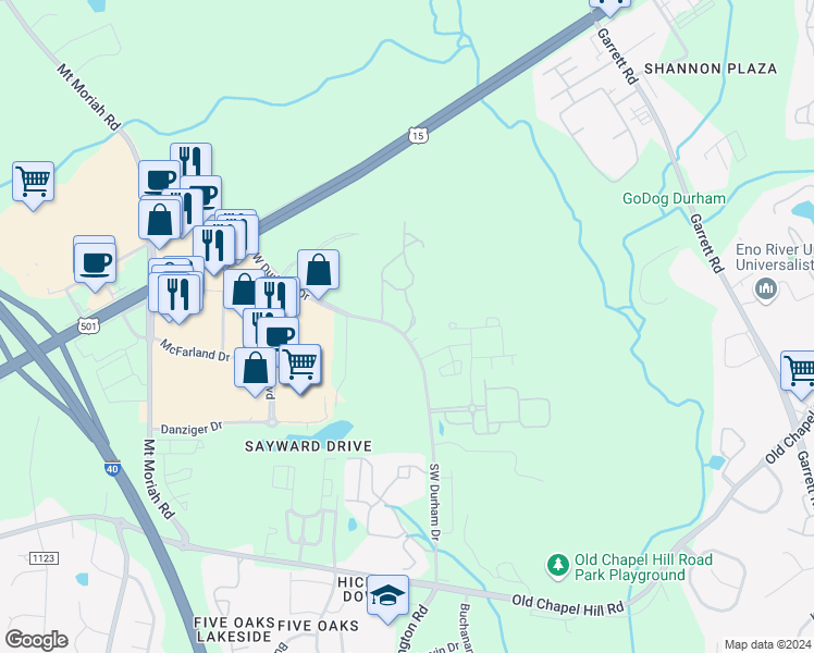 map of restaurants, bars, coffee shops, grocery stores, and more near 1401 Hopedale Avenue in Durham