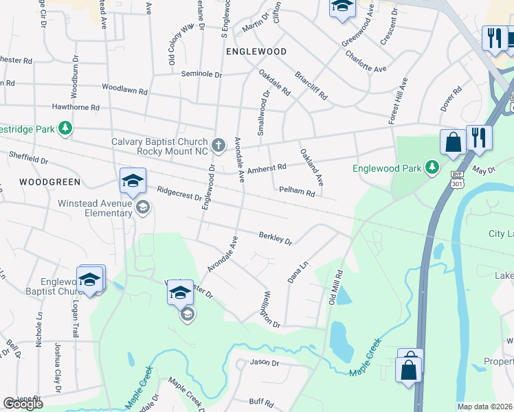 map of restaurants, bars, coffee shops, grocery stores, and more near 2920 Ridgecrest Drive in Rocky Mount