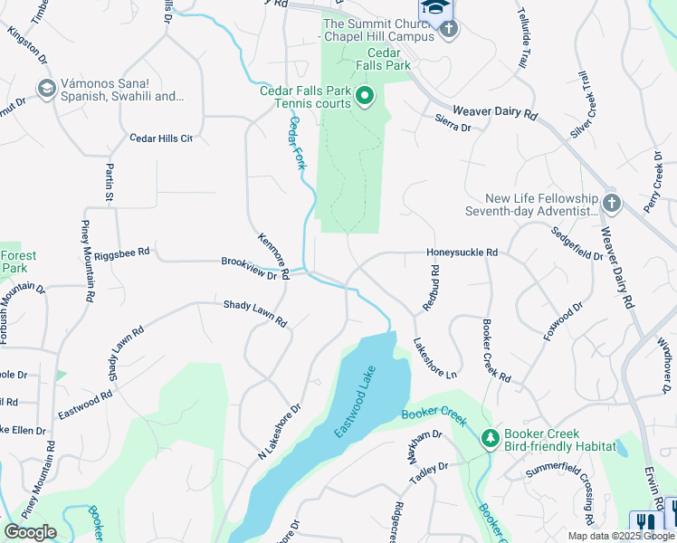 map of restaurants, bars, coffee shops, grocery stores, and more near 600 Brookview Drive in Chapel Hill