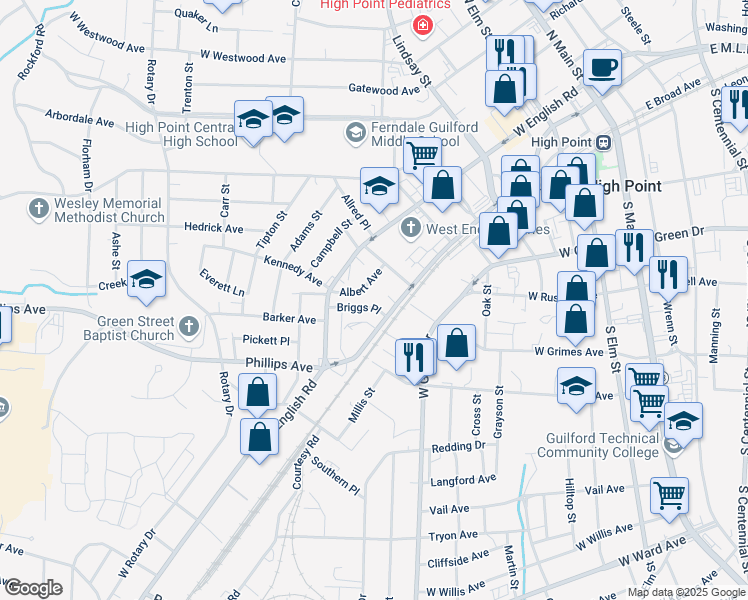 map of restaurants, bars, coffee shops, grocery stores, and more near 106 Briggs Place in High Point