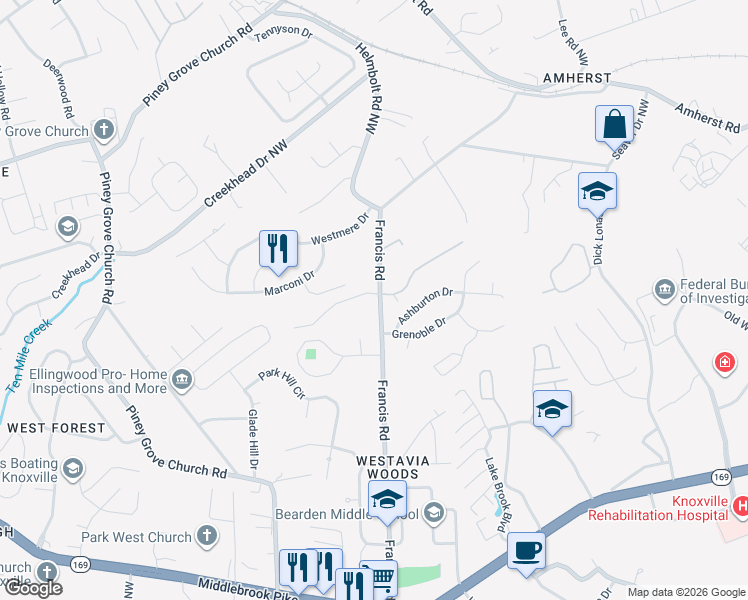 map of restaurants, bars, coffee shops, grocery stores, and more near 1333 Francis Road in Knoxville