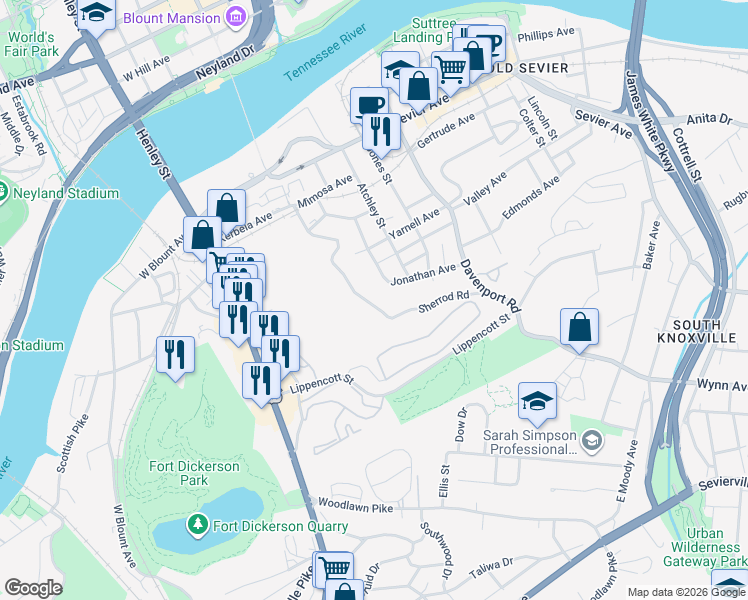 map of restaurants, bars, coffee shops, grocery stores, and more near 2604 Sherrod Road Southeast in Knoxville