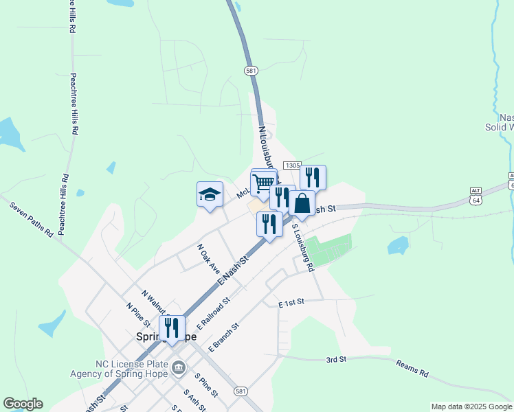 map of restaurants, bars, coffee shops, grocery stores, and more near 603 East Nash Street in Spring Hope