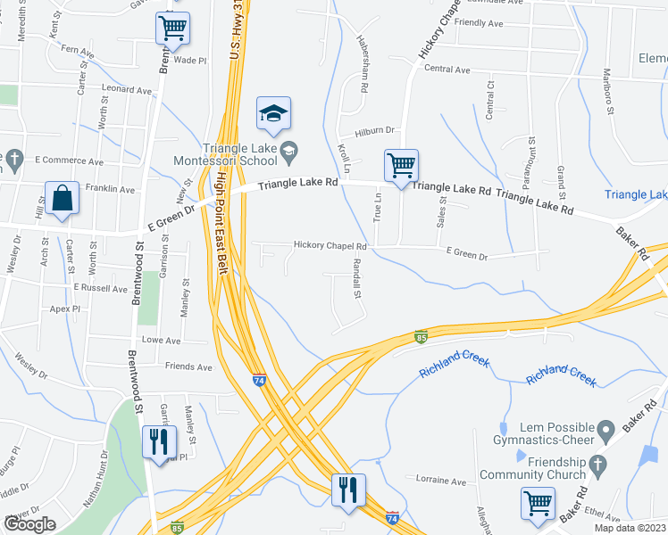 map of restaurants, bars, coffee shops, grocery stores, and more near 2543 Patrick Avenue in High Point