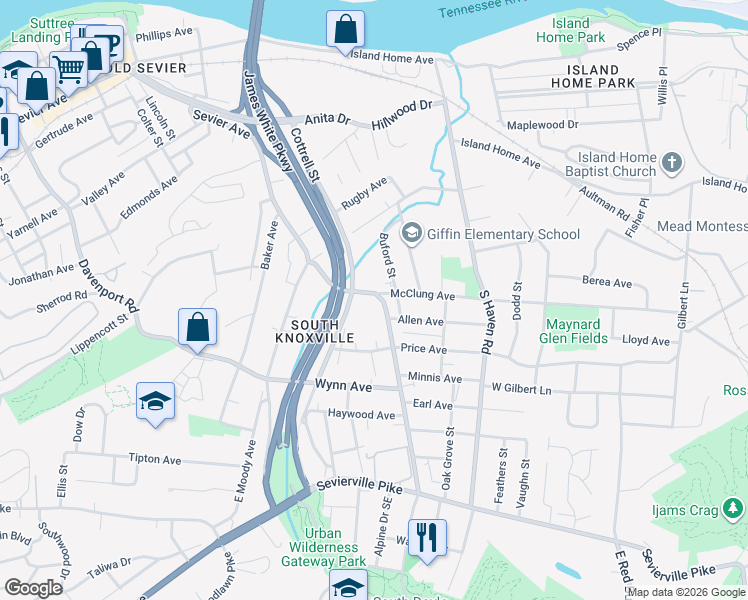 map of restaurants, bars, coffee shops, grocery stores, and more near in Knoxville