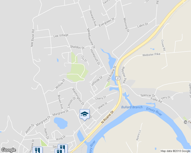 map of restaurants, bars, coffee shops, grocery stores, and more near 423 Hillside Drive in Harriman