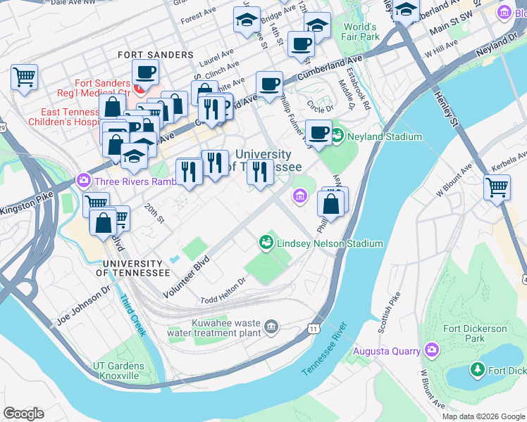 map of restaurants, bars, coffee shops, grocery stores, and more near 1720 Volunteer Boulevard in Knoxville