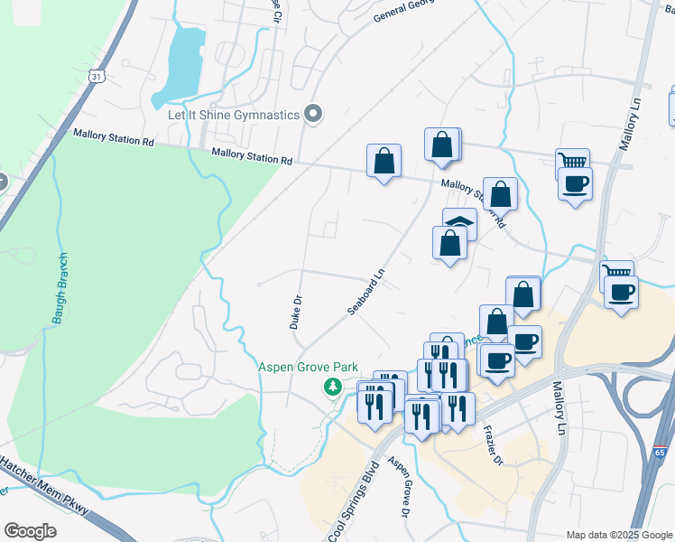 map of restaurants, bars, coffee shops, grocery stores, and more near 416 Mary Lindsay Polk Drive in Franklin