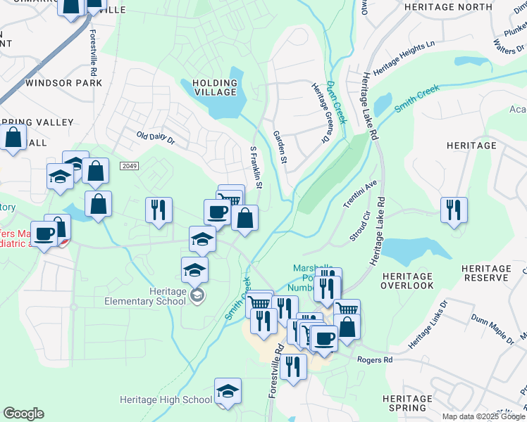 map of restaurants, bars, coffee shops, grocery stores, and more near 1725 Thicketon Circle in Wake Forest