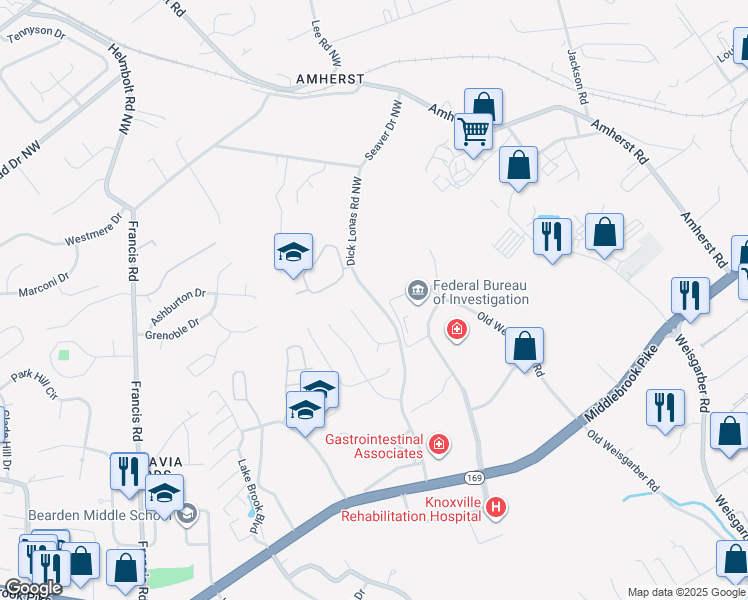 map of restaurants, bars, coffee shops, grocery stores, and more near 1509 Dick Lonas Road Northwest in Knoxville