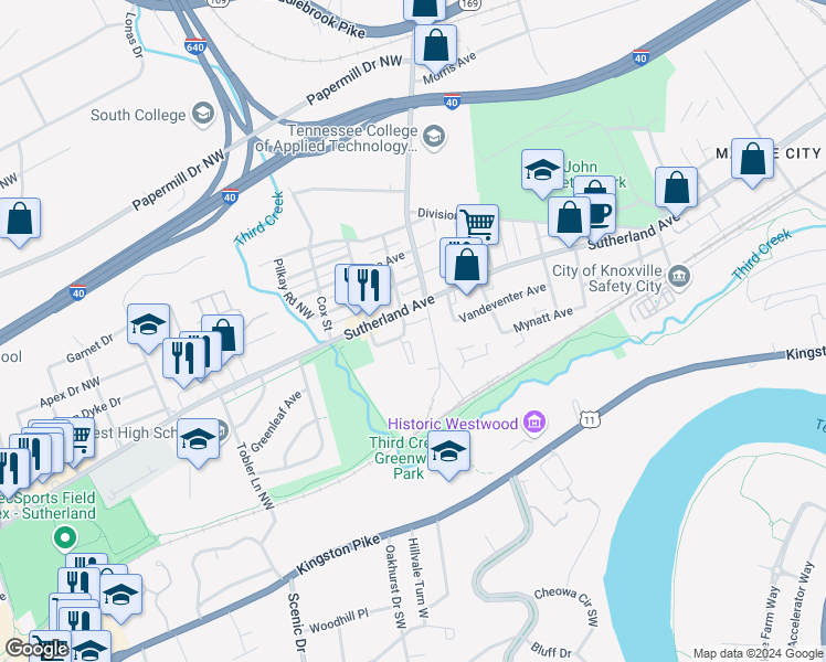 map of restaurants, bars, coffee shops, grocery stores, and more near 410 Harry Street in Knoxville