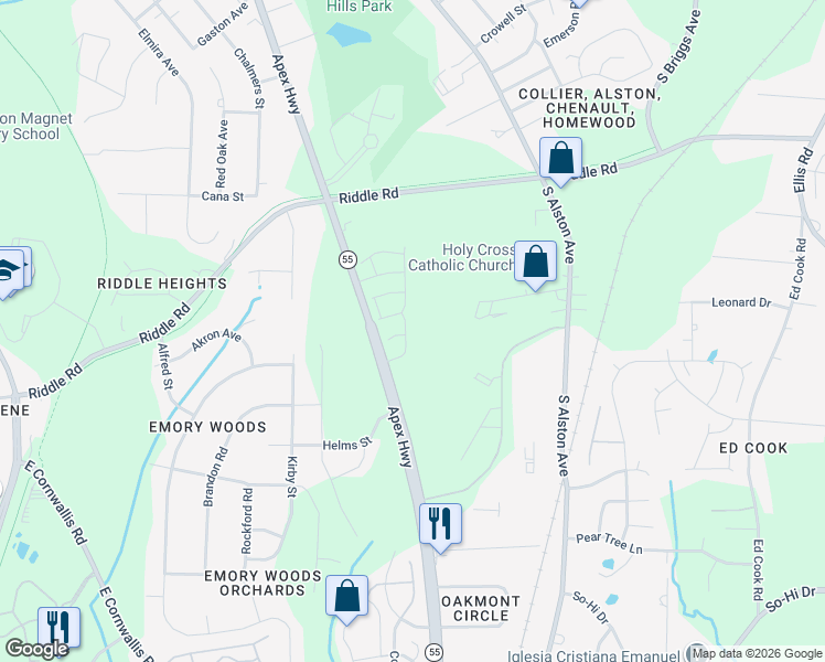 map of restaurants, bars, coffee shops, grocery stores, and more near 1013 Longitude Drive in Durham