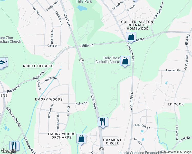 map of restaurants, bars, coffee shops, grocery stores, and more near 1013 Longitude Drive in Durham