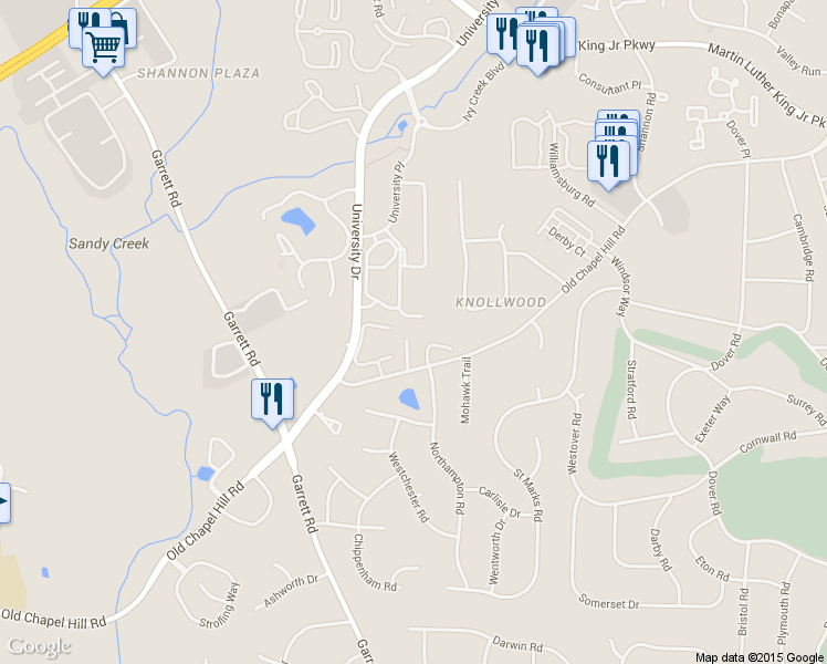 map of restaurants, bars, coffee shops, grocery stores, and more near 28 Knightsbridge Court in Durham