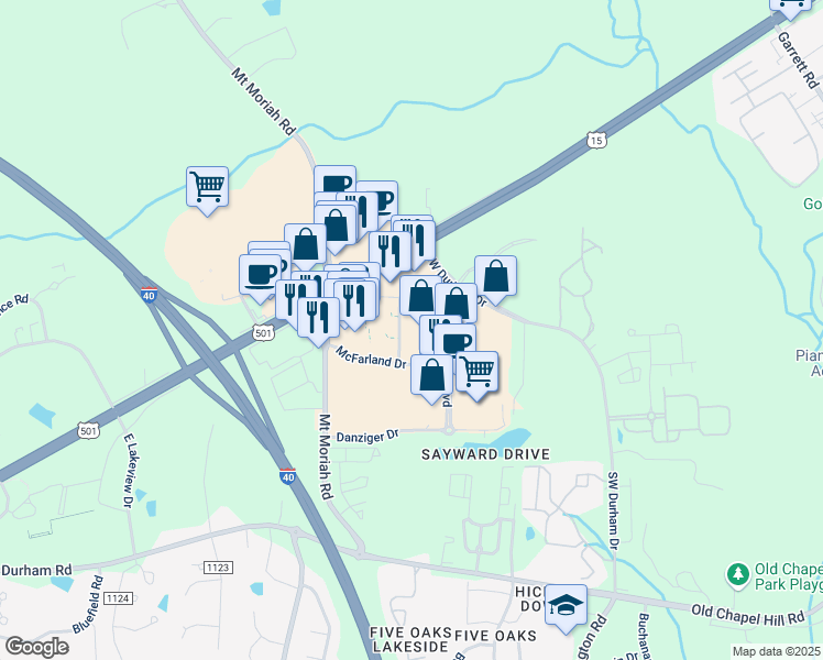 map of restaurants, bars, coffee shops, grocery stores, and more near 2000-2098 Honeycutt Dr in Durham