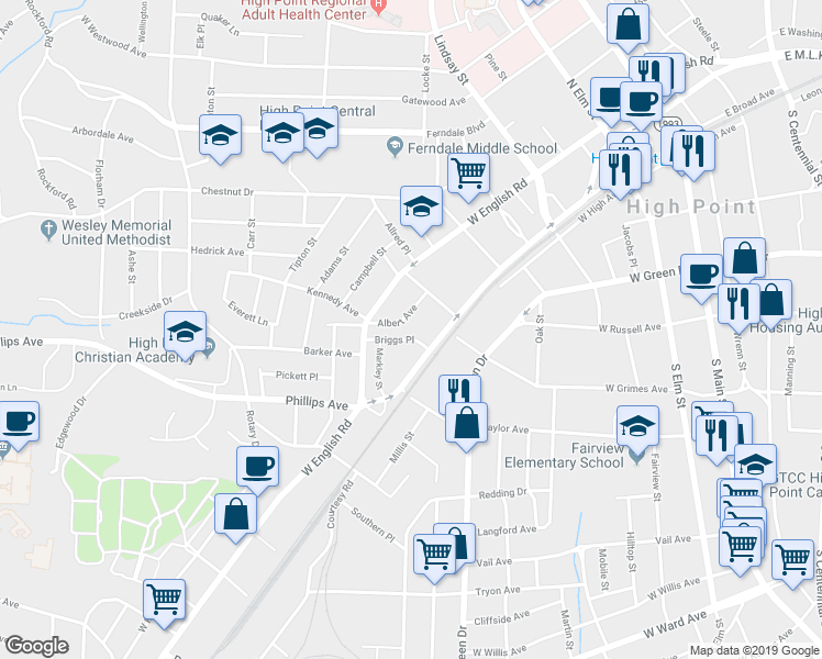 map of restaurants, bars, coffee shops, grocery stores, and more near 106 Briggs Place in High Point