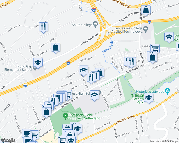 map of restaurants, bars, coffee shops, grocery stores, and more near 570 Prestwick Ridge Way in Knoxville