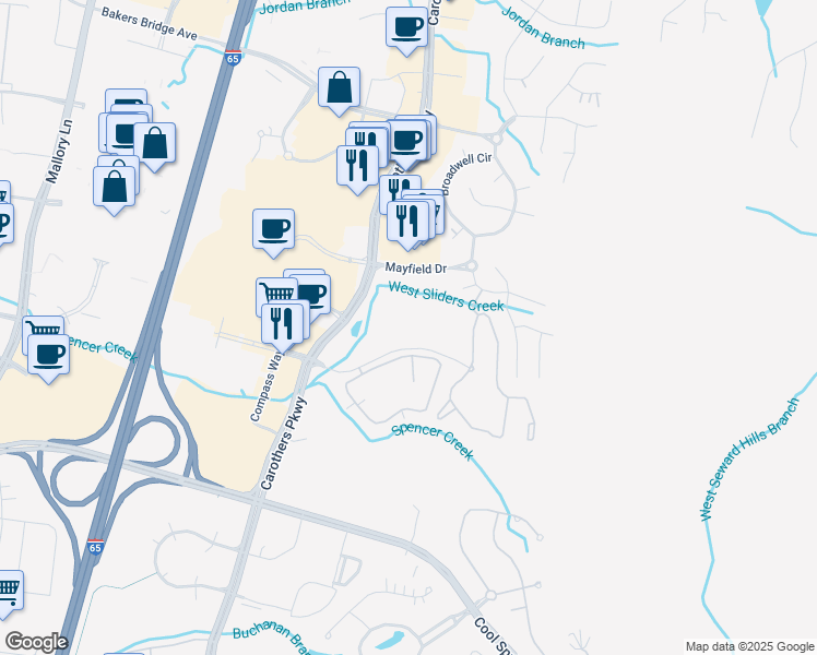 map of restaurants, bars, coffee shops, grocery stores, and more near 5205 Crowne Brook Circle in Franklin