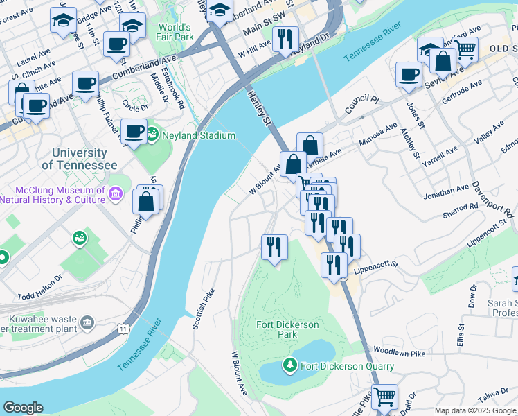 map of restaurants, bars, coffee shops, grocery stores, and more near 239 Hawthorne Avenue in Knoxville