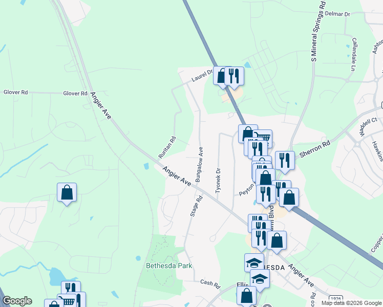 map of restaurants, bars, coffee shops, grocery stores, and more near 6 Artis Lane in Durham