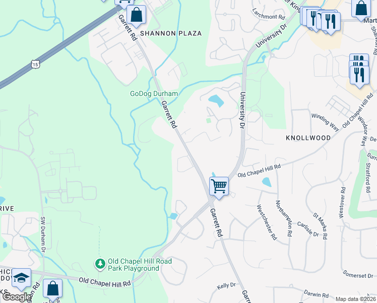 map of restaurants, bars, coffee shops, grocery stores, and more near 4907 Garrett Road in Durham