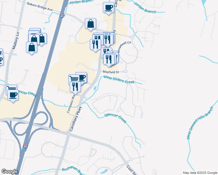 map of restaurants, bars, coffee shops, grocery stores, and more near 5205 Crowne Brook Circle in Franklin