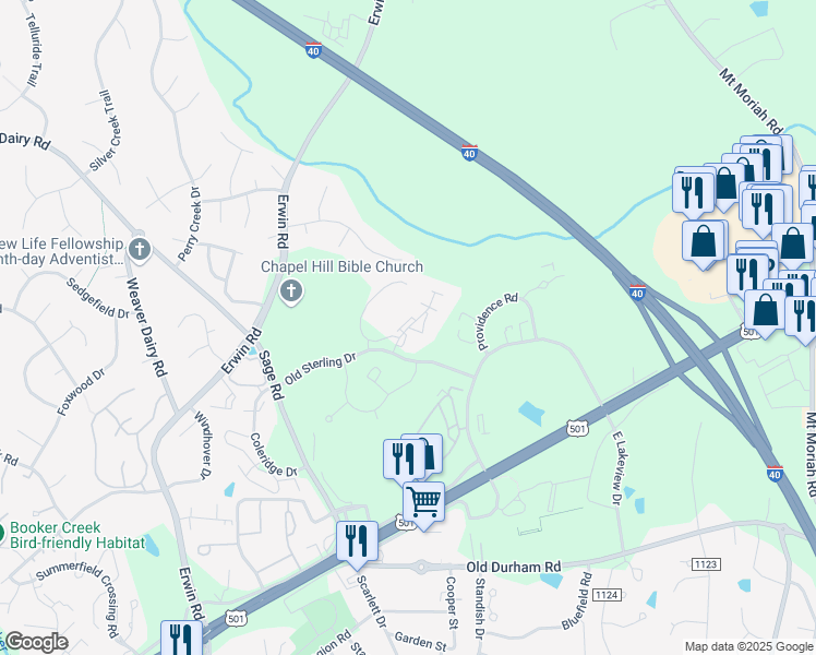 map of restaurants, bars, coffee shops, grocery stores, and more near Drew Hill Lane in Chapel Hill