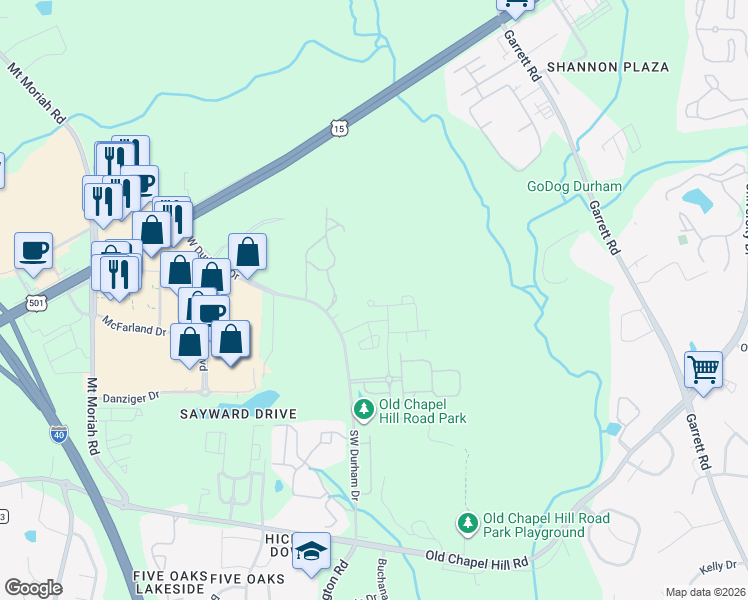 map of restaurants, bars, coffee shops, grocery stores, and more near 1400-1498 Hopedale Avenue in Durham