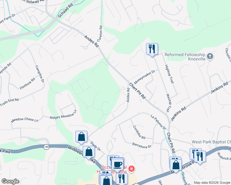 map of restaurants, bars, coffee shops, grocery stores, and more near 1513 Andes Road in Knoxville